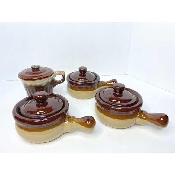 Soup Bowls , GLAZED STONEWARE CLAY WITH HANDLE AND LID 3 lot, 1 Mug Monmouth - Picture 10 of 15